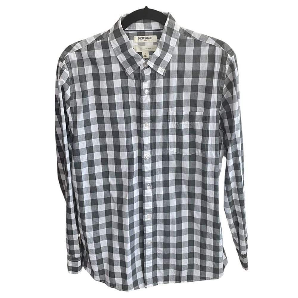 Goodthreads Men's Slim-Fit Long-Sleeve Black/White Check Button Down Shirt Large